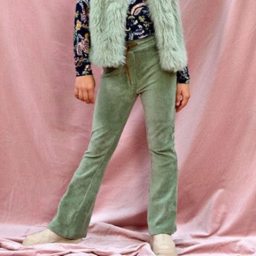 Like Flo Ribbed Velour Flared Pants Sage Green Drawstring Elastic Waist Girls 8